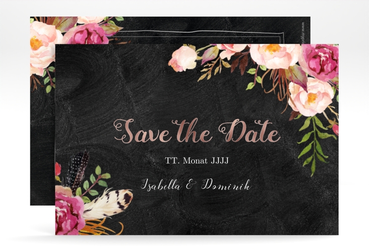 Save the Date-Karte Flowers A6 Karte quer rosegold mit bunten Aquarell-Blumen