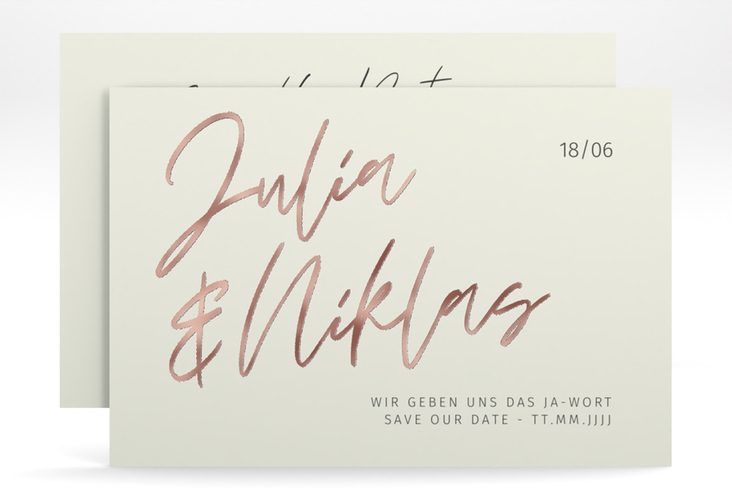 Save the Date-Karte Einfachheit A6 Karte quer rosegold mit modernem Schriftzug