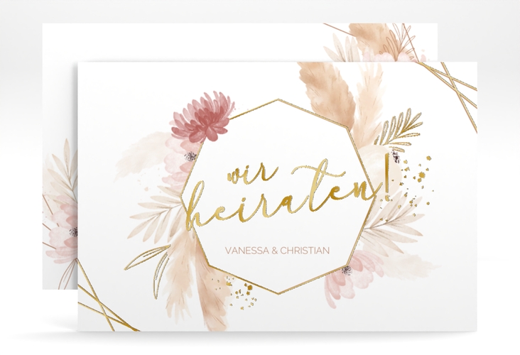 Save the Date-Karte Bohostyle A6 Karte quer gold mit Pampasgras in Aquarell