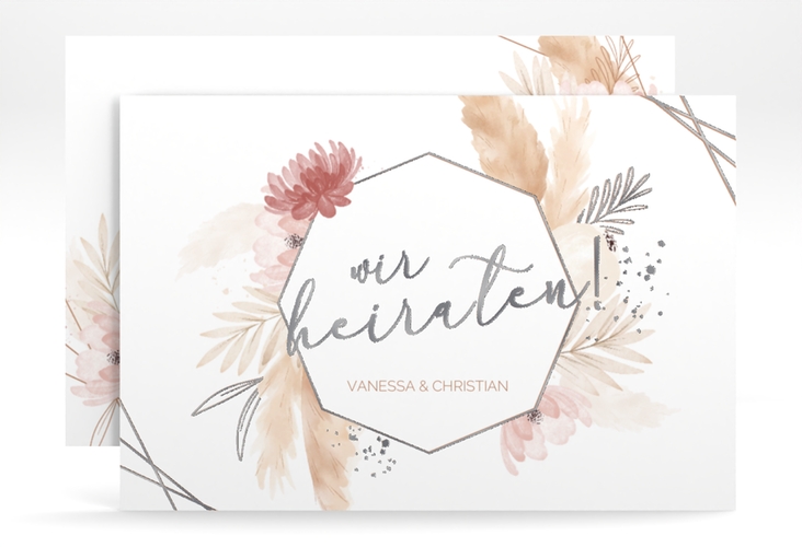 Save the Date-Karte Bohostyle A6 Karte quer silber mit Pampasgras in Aquarell