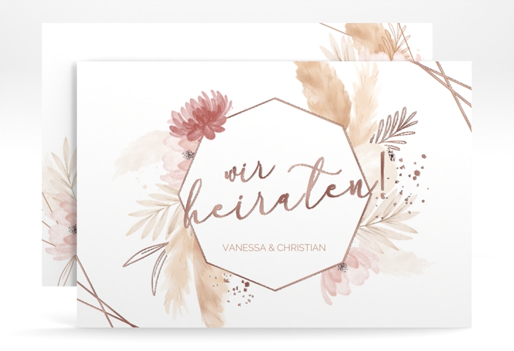 Save the Date-Karte Bohostyle A6 Karte quer rosegold mit Pampasgras in Aquarell