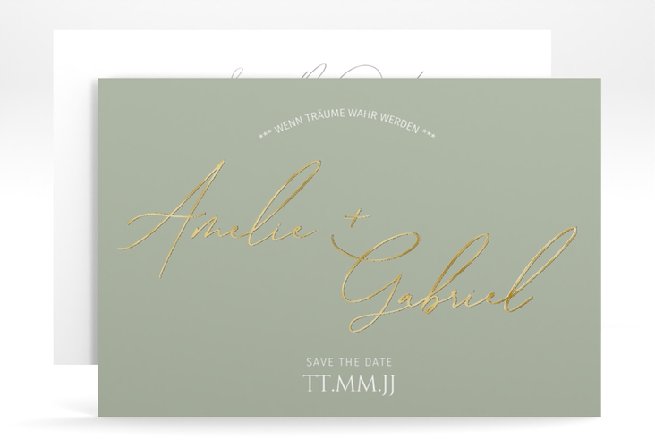 Save the Date-Karte Federschrift A6 Karte quer gold in schlichtem Design mit Kalligrafie