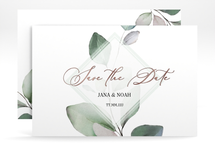 Save the Date-Karte Foglia A6 Karte quer rosegold edel mit Eukalyptus im Aquarell-Design