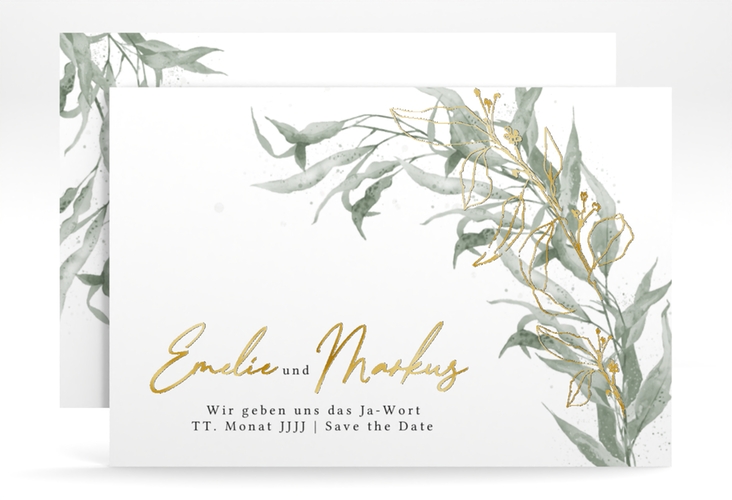 Save the Date-Karte Eucalyptus Green A6 Karte quer gold