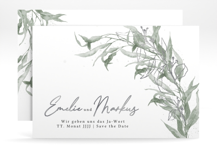 Save the Date-Karte Eucalyptus Green A6 Karte quer silber