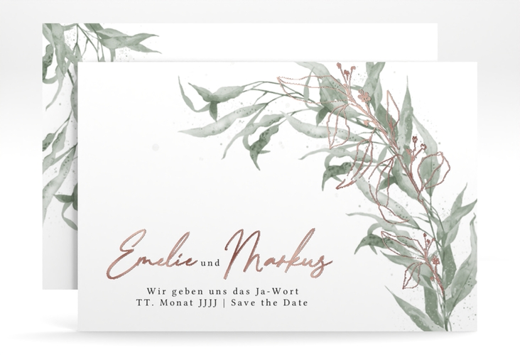 Save the Date-Karte Eucalyptus Green A6 Karte quer rosegold