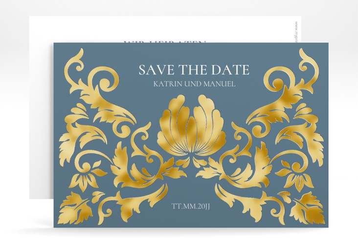 Save the Date-Karte Royal A6 Karte quer gold mit barockem Blumen-Ornament