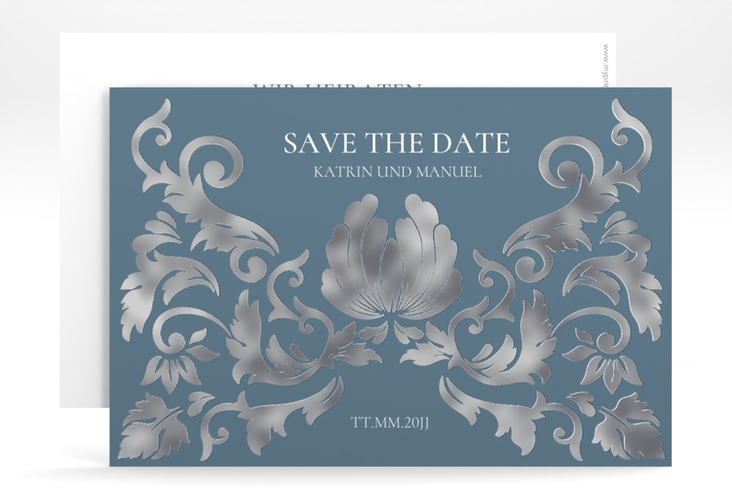 Save the Date-Karte Royal A6 Karte quer silber mit barockem Blumen-Ornament