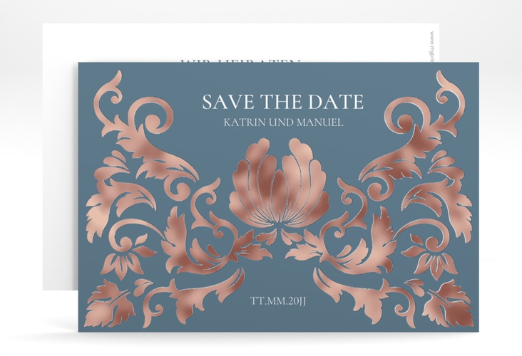 Save the Date-Karte Royal A6 Karte quer rosegold mit barockem Blumen-Ornament