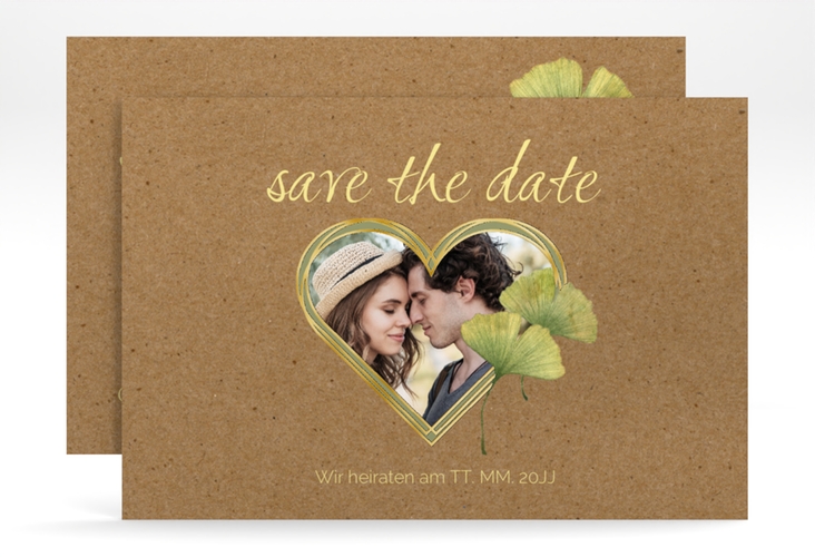 Save the Date-Karte Ginko A6 Karte quer gold mit Herz und zwei Ginkgo-Blättern