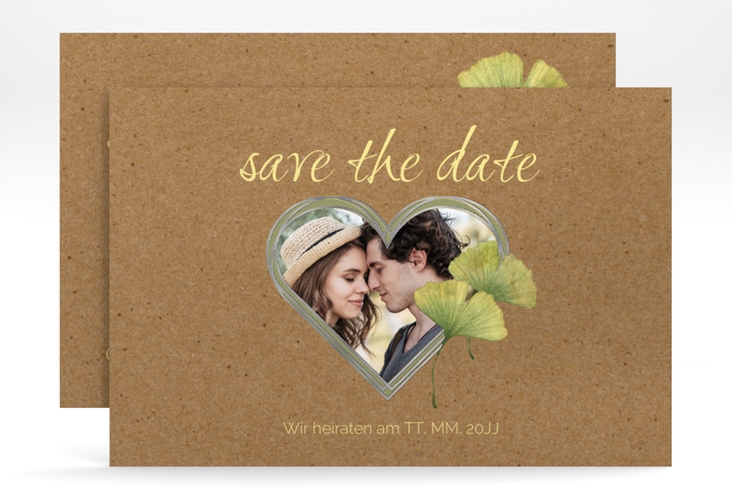 Save the Date-Karte Ginko A6 Karte quer silber mit Herz und zwei Ginkgo-Blättern