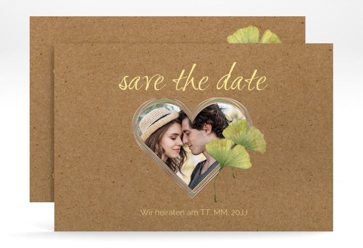 Save the Date-Karte Ginko A6 Karte quer rosegold mit Herz und zwei Ginkgo-Blättern