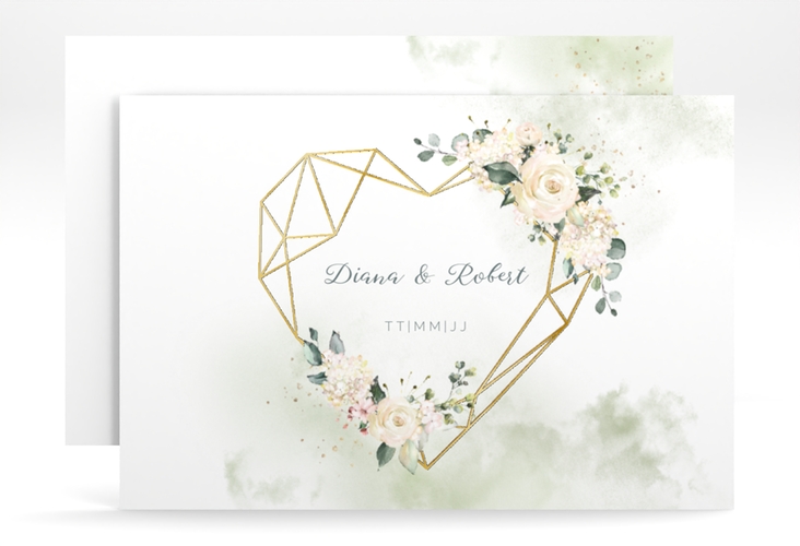 Save the Date-Karte Adore A6 Karte quer gold mit geometrischem Herz und Rosen in Aquarell