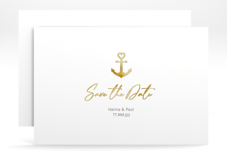 Save the Date-Karte Ankerliebe A6 Karte quer gold im minimalistischen maritimen Design mit Anker