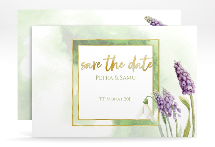 Save the Date-Karte Frühling A6 Karte quer gold mit Frühlingsblumen in Aquarell