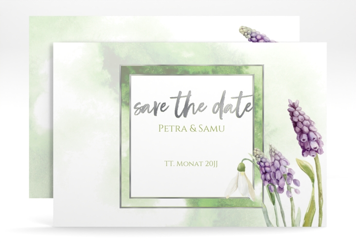 Save the Date-Karte Frühling A6 Karte quer silber mit Frühlingsblumen in Aquarell