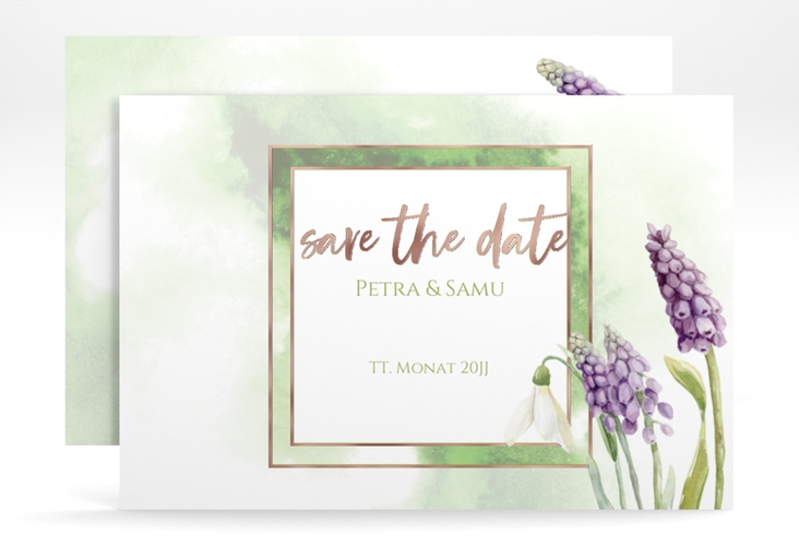 Save the Date-Karte Frühling A6 Karte quer rosegold mit Frühlingsblumen in Aquarell