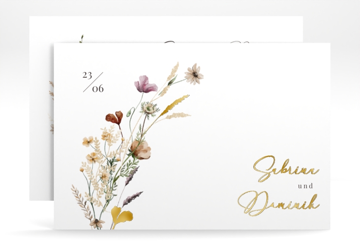 Save the Date-Karte Sauvages A6 Karte quer gold mit getrockneten Wiesenblumen