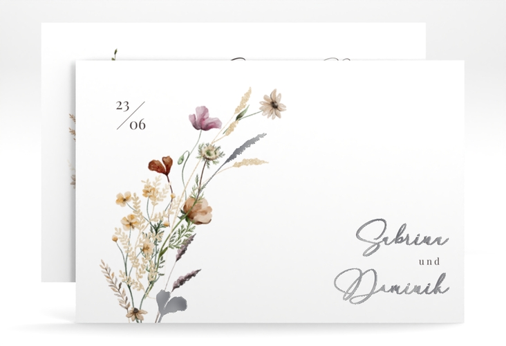 Save the Date-Karte Sauvages A6 Karte quer silber mit getrockneten Wiesenblumen