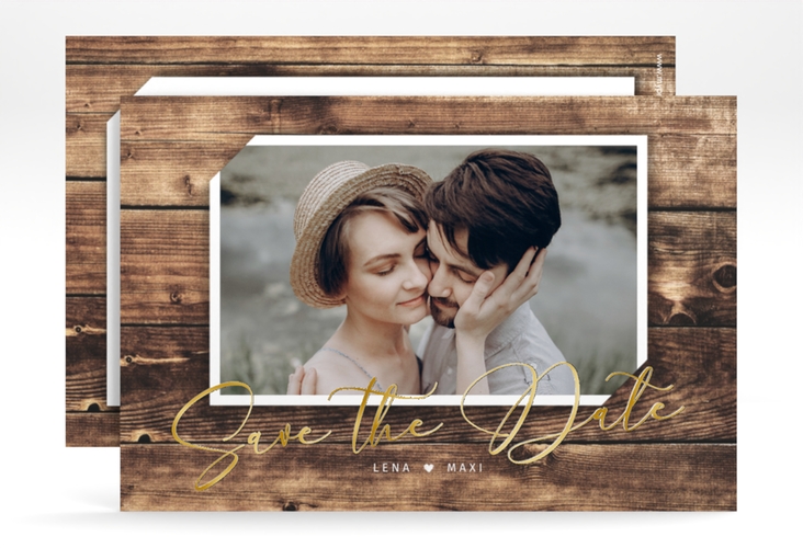 Save the Date-Karte Rustic A6 Karte quer gold in Holz-Optik mit Foto