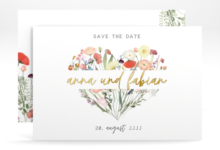 Save the Date-Karte Wildblumenherz A6 Karte quer gold