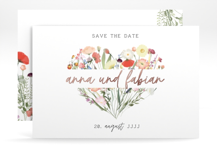 Save the Date-Karte Wildblumenherz A6 Karte quer rosegold