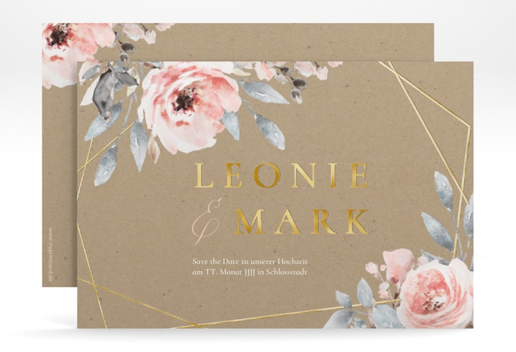 Save the Date-Karte Perfection A6 Karte quer gold mit rosa Rosen