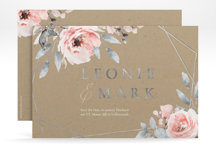 Save the Date-Karte Perfection A6 Karte quer silber mit rosa Rosen