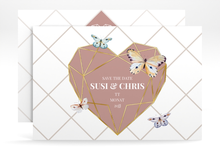 Save the Date-Karte Butterfly A6 Karte quer gold mit Schmetterlingen und Herz im Geometric Design