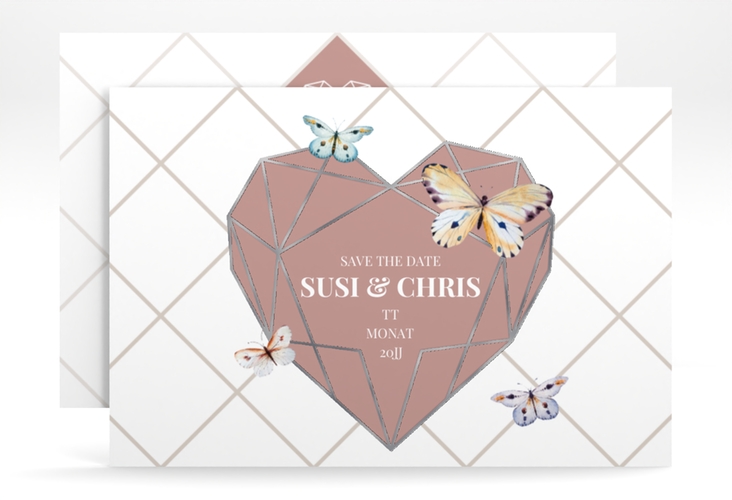 Save the Date-Karte Butterfly A6 Karte quer silber mit Schmetterlingen und Herz im Geometric Design