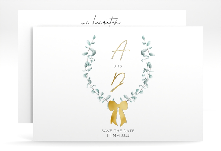 Save the Date-Karte Eucalypt Bow A6 Karte quer gold