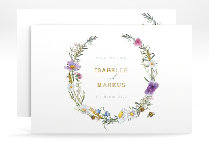 Save the Date-Karte Blumengarten A6 Karte quer gold mit Blumenkranz und Hummel