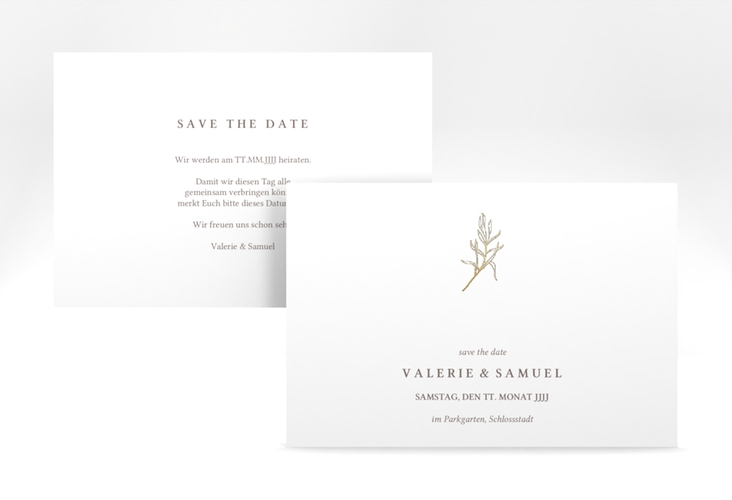 Save the Date-Karte Ivy A6 Karte quer gold minimalistisch mit kleiner botanischer Illustration