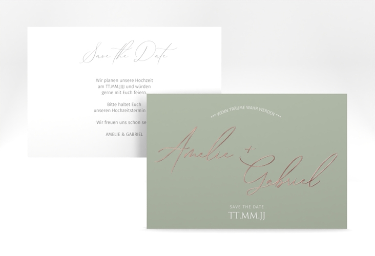 Save the Date-Karte Federschrift A6 Karte quer rosegold in schlichtem Design mit Kalligrafie