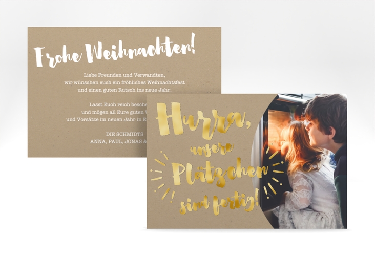 Weihnachtskarte Plätzchen A6 Karte quer gold für Weihnachtsgrüße mit Familienfoto