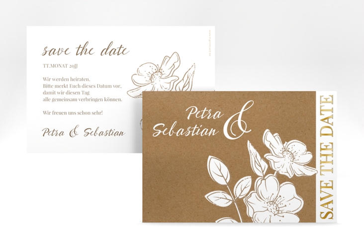 Save the Date-Karte Windflower A6 Karte quer gold mit Wildrosen