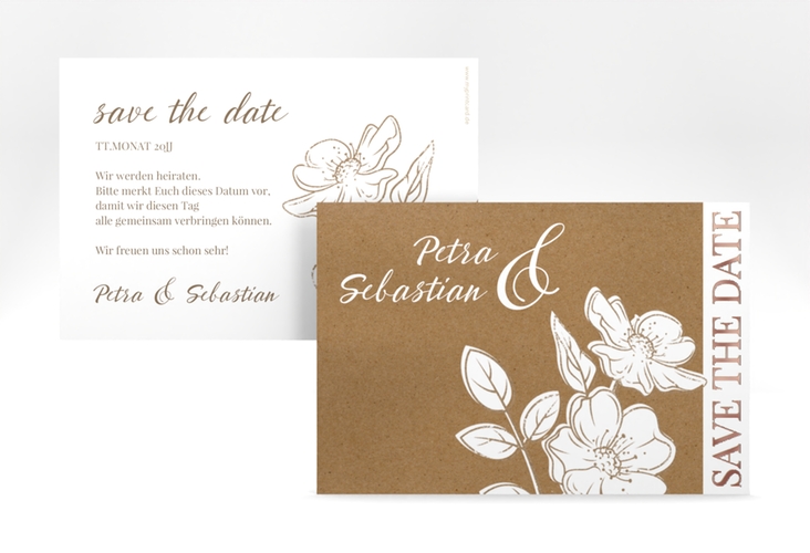 Save the Date-Karte Windflower A6 Karte quer rosegold mit Wildrosen