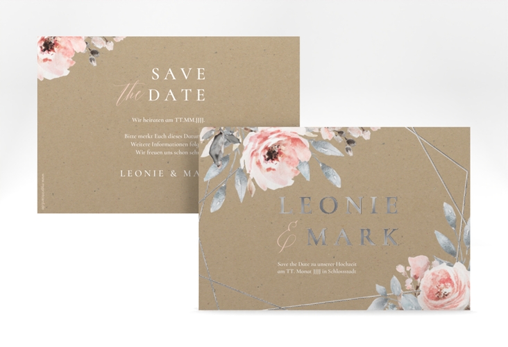 Save the Date-Karte Perfection A6 Karte quer silber mit rosa Rosen