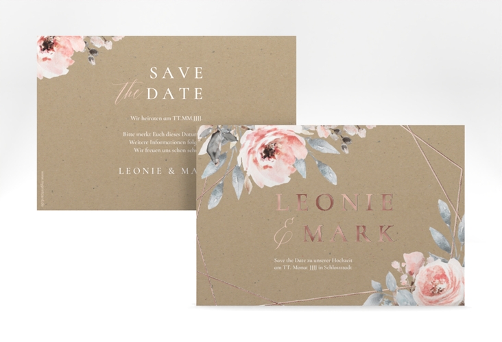 Save the Date-Karte Perfection A6 Karte quer rosegold mit rosa Rosen