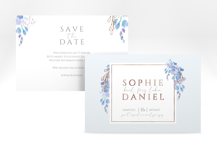 Save the Date-Karte Blauregen A6 Karte quer rosegold mit Wisteria-Blüten