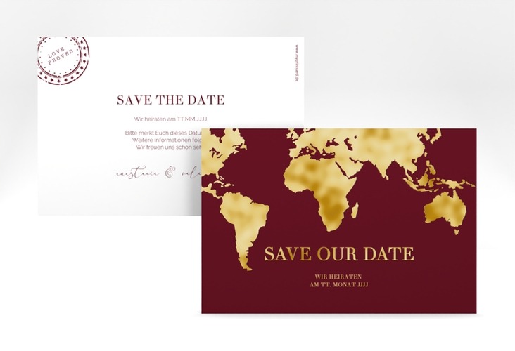 Save the Date-Karte Traumziel A6 Karte quer gold im Reisepass-Design