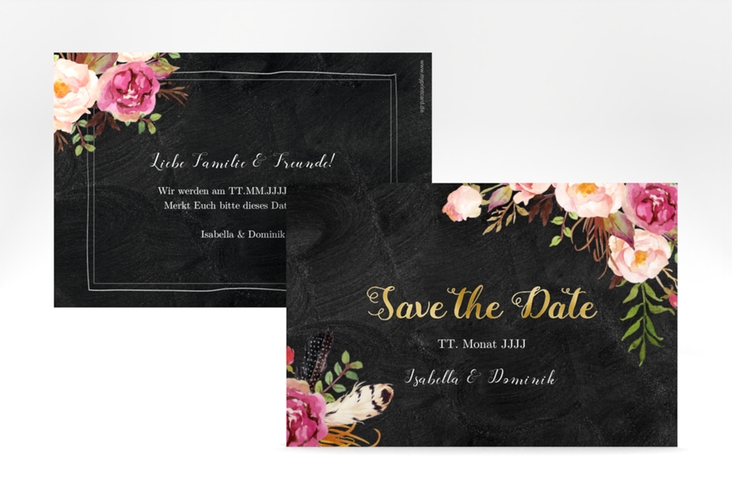 Save the Date-Karte Flowers A6 Karte quer gold mit bunten Aquarell-Blumen