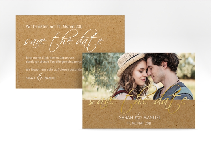 Save the Date-Karte Big Picture A6 Karte quer gold mit Foto des Brautpaars