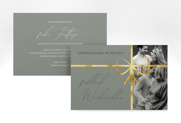 Weihnachtskarte Geschenkschleife A6 Karte quer gold für Weihnachtsgrüße mit Familienfoto