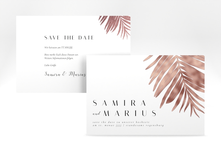 Save the Date-Karte Palmenblatt A6 Karte quer rosegold mit Palmenwedel