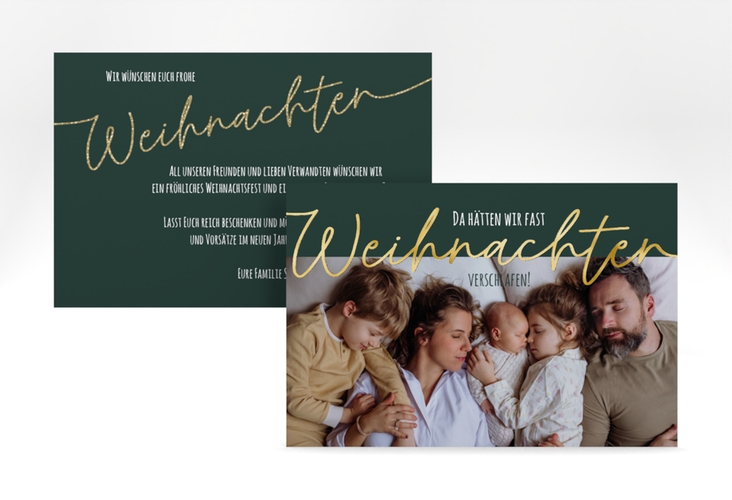 Weihnachtskarte Verschlafen A6 Karte quer gold für Weihnachtsgrüße mit Familienfoto