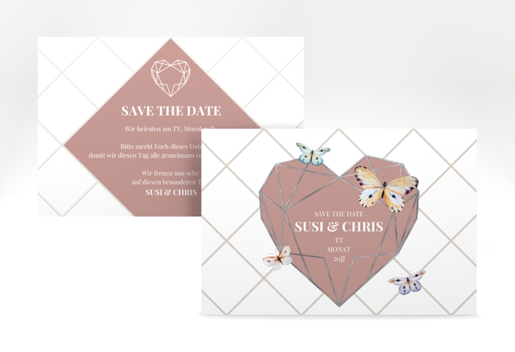 Save the Date-Karte Butterfly A6 Karte quer silber mit Schmetterlingen und Herz im Geometric Design