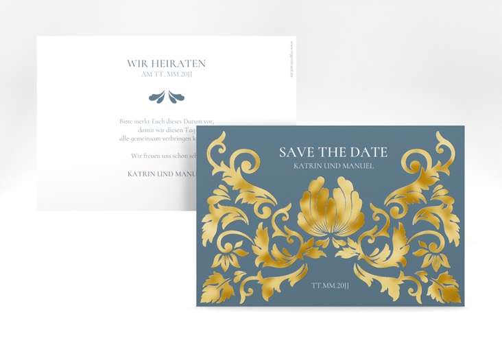 Save the Date-Karte Royal A6 Karte quer gold mit barockem Blumen-Ornament