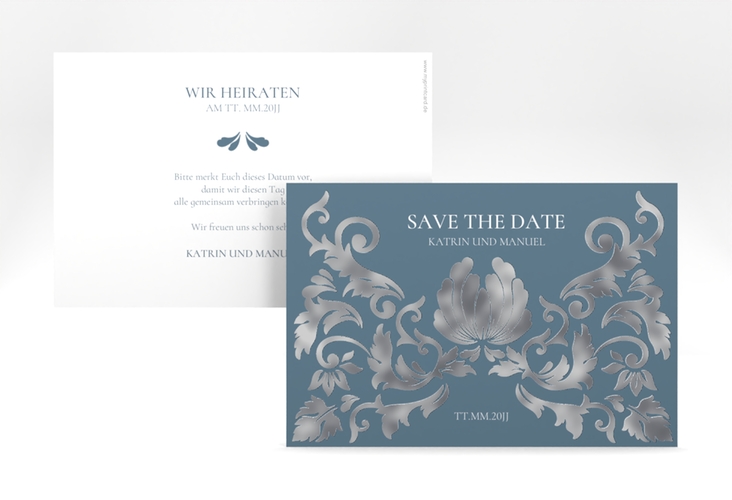 Save the Date-Karte Royal A6 Karte quer silber mit barockem Blumen-Ornament