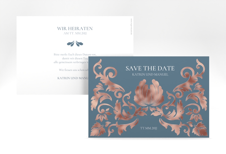 Save the Date-Karte Royal A6 Karte quer rosegold mit barockem Blumen-Ornament